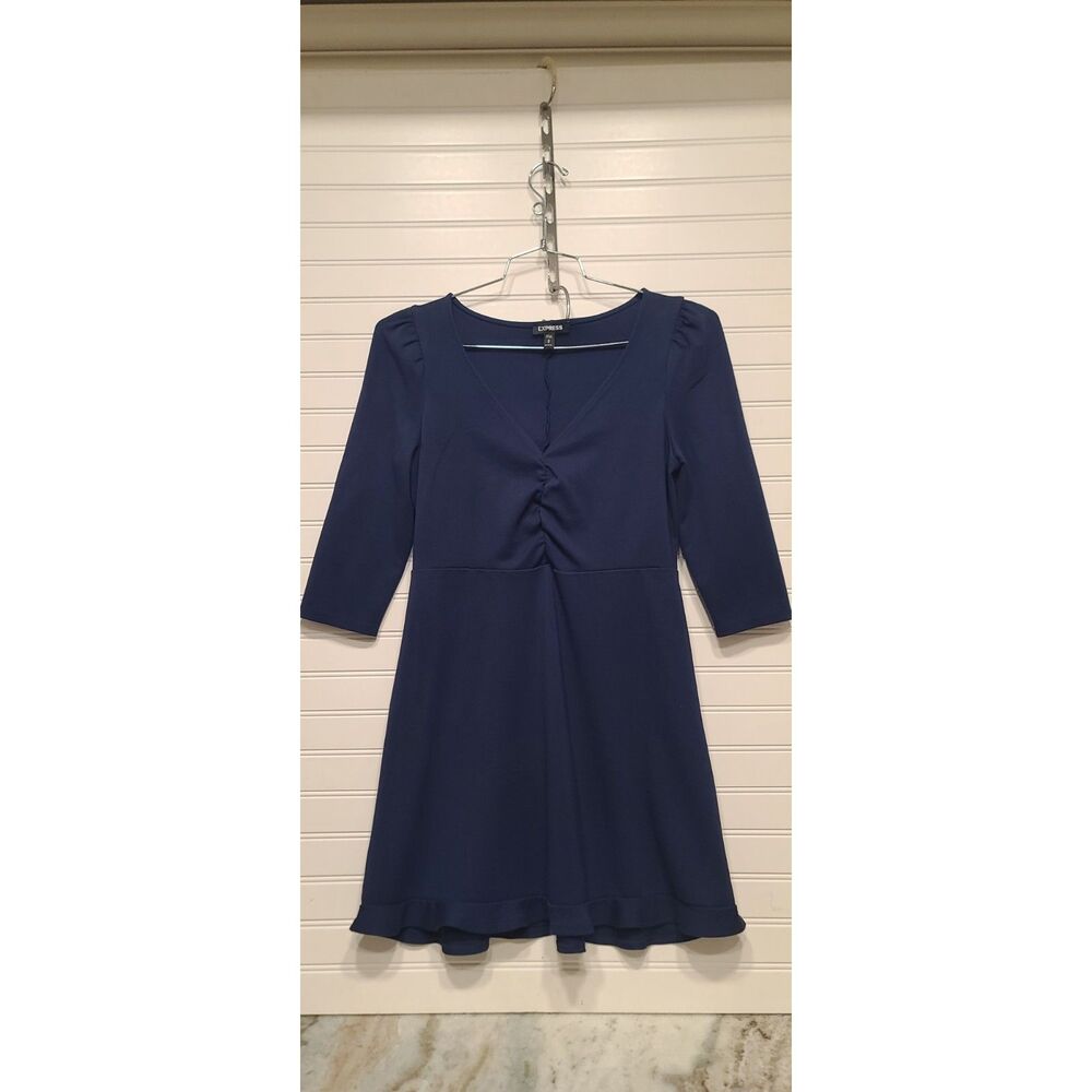 Express Navy Blue V-neck dress W/Gathered Front and Ruffled Hem Size M Petite